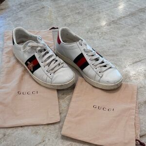 Gucci White Leather Sneakers with Red and Green Web Stripe and Bee Patch